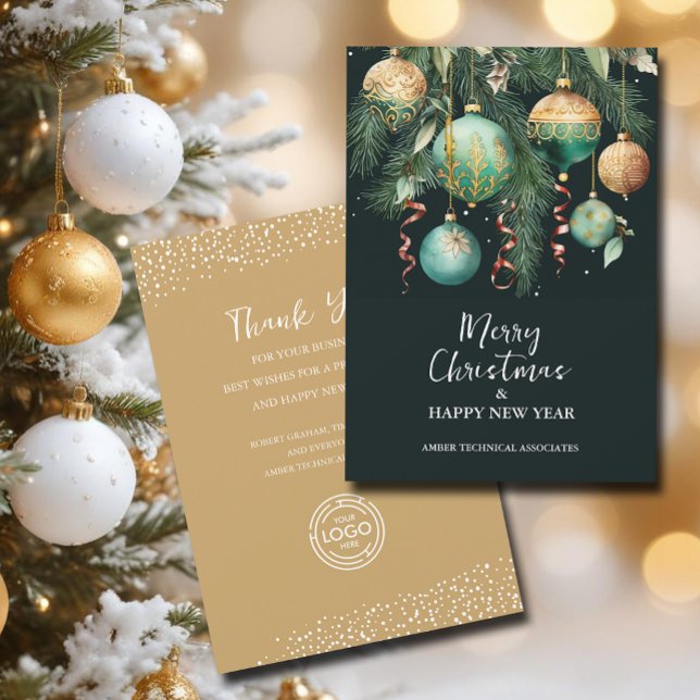 Chic Christmas Tree Ornaments Business Holiday Card (Tree ornaments Merry Christmas business logo customer thank you holiday cards)