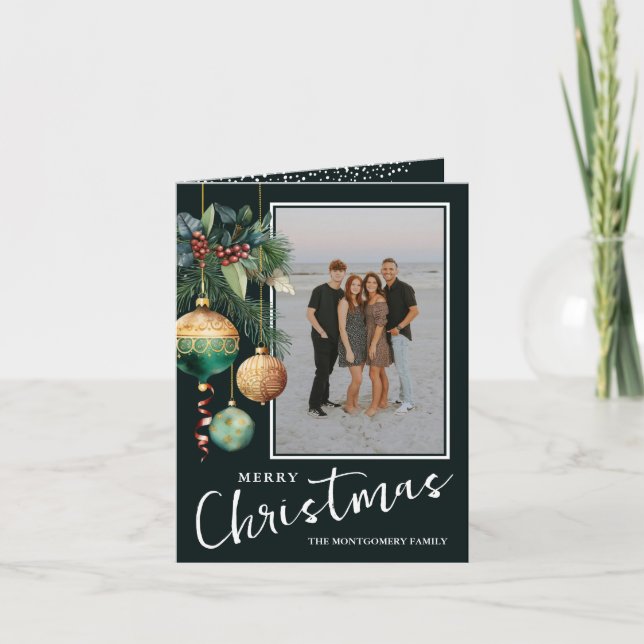 Chic Christmas Tree Ornaments Flat Holiday Card (Front)