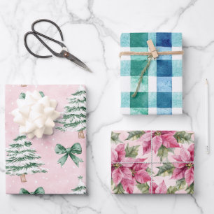 Chic Christmas Trees Plaid Pink Floral Wrapping Paper Sheet