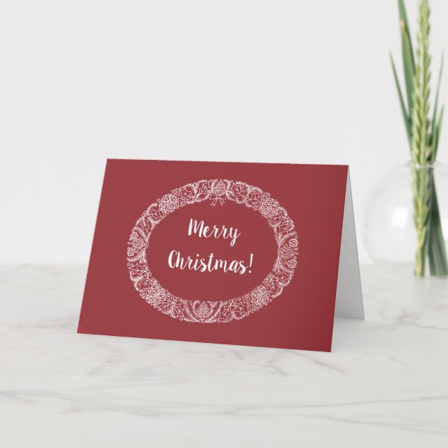 Chic Christmas Wreath Card White on Deep Red (Front)