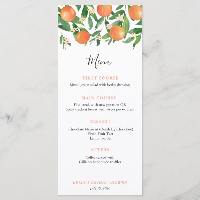 Chic Citrus Orange Charcoal Bridal Shower Cocktail Menu (Front)