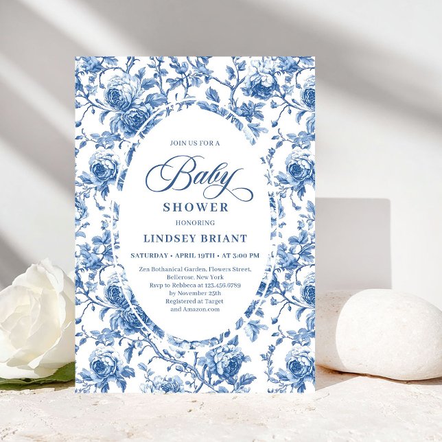 Chic Classic Blue Toile de Jouy Floral Baby Shower Invitation (Classic Blue Toile de Jouy Floral Baby Shower Invite)