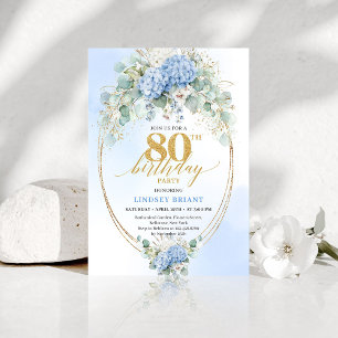 Chic Classic Blue Watercolor Floral 80th Birthday Invitation