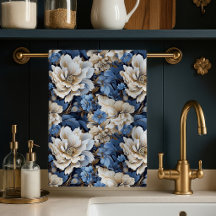 Chic Classic Blue White Ivory Floral Kitchen Towel