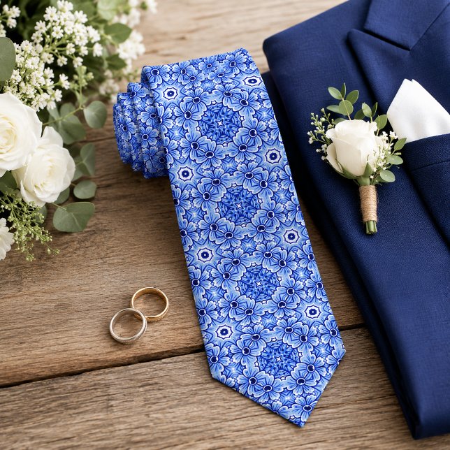 Chic Classic Dutch Delft Blue Floral Art Pattern Tie (Creator Uploaded)