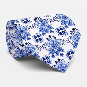 Chic Classic Dutch Delft Blue Floral Art Pattern Tie