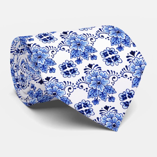 Chic Classic Dutch Delft Blue Floral Art Pattern Tie (Rolled)