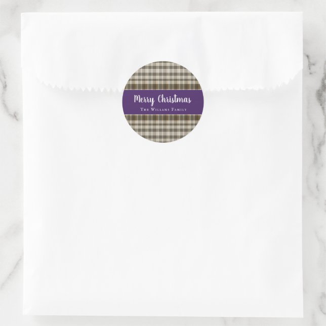 Chic Classic Merry Christmas Plaid Purple White Classic Round Sticker (Bag)