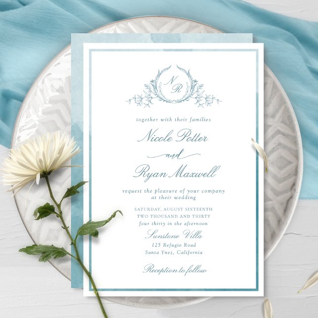Chic Classic Monogram Sea Glass Watercolor Wedding Invitation (Creator Uploaded)