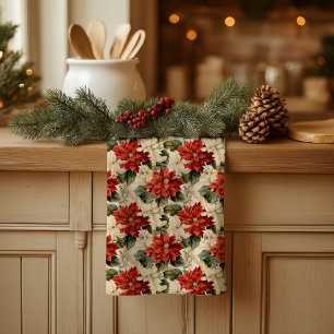 Chic Classic Red and White Poinsettias Christmas Tea Towel