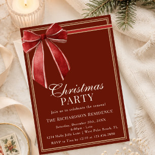 Chic Classic Red Gold Coquette Bow Christmas Party Invitation