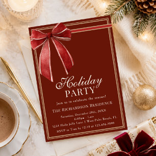 Chic Classic Red Gold Coquette Bow Holiday Party Invitation