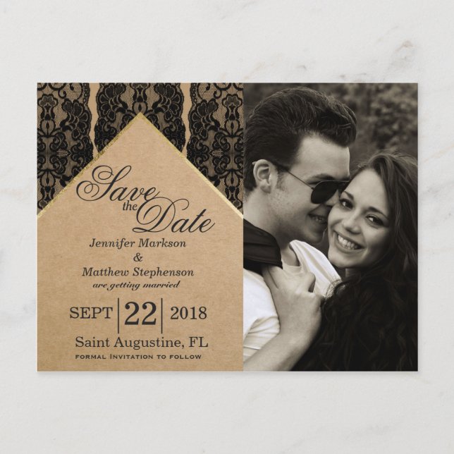 Chic & Classy Black Lace, Gold, & Recycled Paper Announcement Postcard (Front)