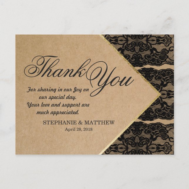 Chic & Classy Black Lace, Gold, & Recycled Paper Postcard (Front)