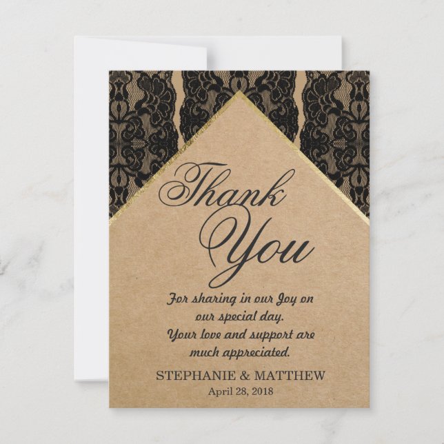 Chic & Classy Black Lace, Gold, & Recycled Paper Thank You Card (Front)