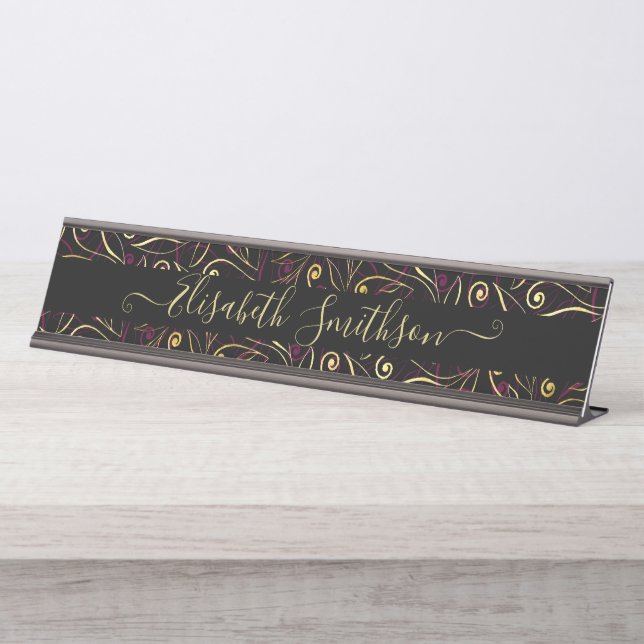 Chic Classy Elegant Dark Black Professional Floral Desk Name Plate (Front)