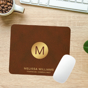 Chic Classy Faux Brown Leather & Gold Initials Mouse Mat
