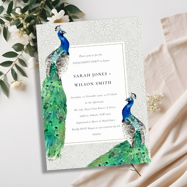 Chic Classy Ornate Watercolor Peacock Engagement Invitation (Creator Uploaded)