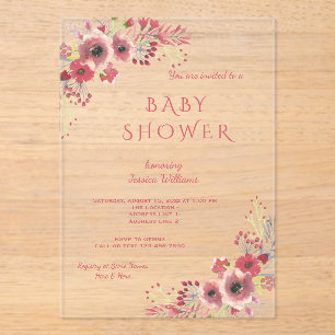 Chic Classy Red Floral Watercolor Baby Shower Acrylic Invitations
