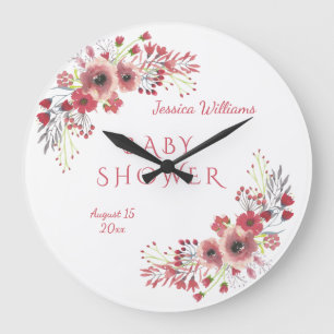 Chic Classy Red Floral Watercolor Baby Shower Large Clock