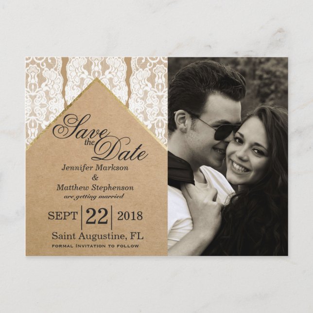 Chic & Classy White Lace, Gold, & Recycled Paper Announcement Postcard (Front)