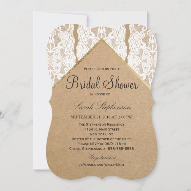Chic & Classy White Lace, Gold, & Recycled Paper Invitation (Front)