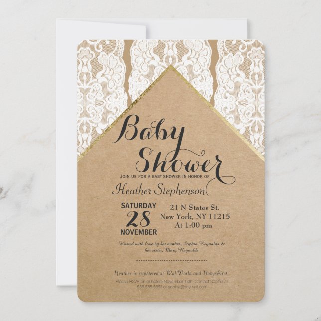 Chic & Classy White Lace, Gold, & Recycled Paper Invitation (Front)