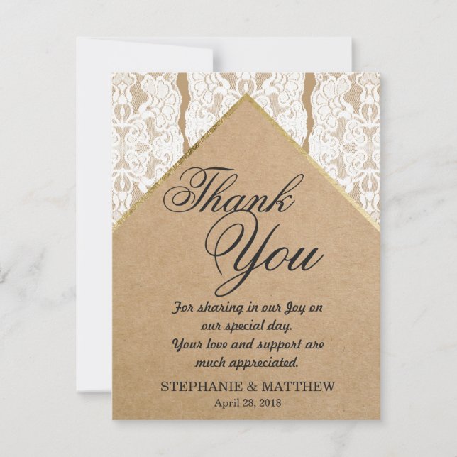Chic & Classy White Lace, Gold, & Recycled Paper Thank You Card (Front)