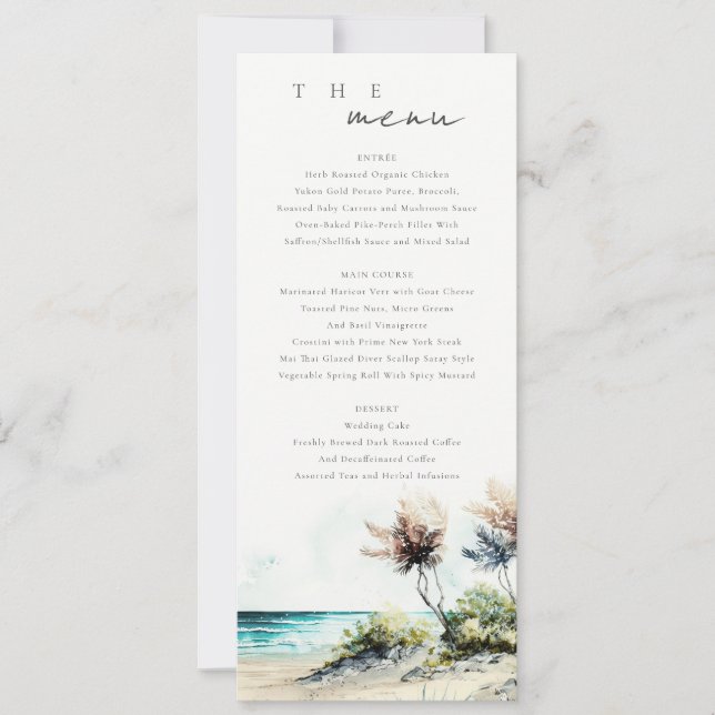 Chic Coastal Palm Beach Seascape Wedding Menu Card (Front)