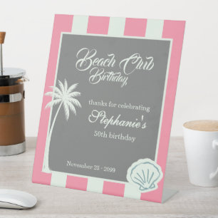 Chic Coastal Stripe Beach Club 50th Birthday Pedestal Sign