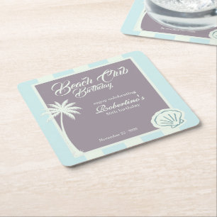 Chic Coastal Stripe Beach Club 50th Birthday Square Paper Coaster