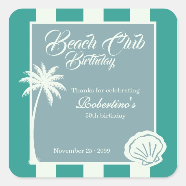 Chic Coastal Stripe Beach Club 50th Birthday Square Sticker (Front)