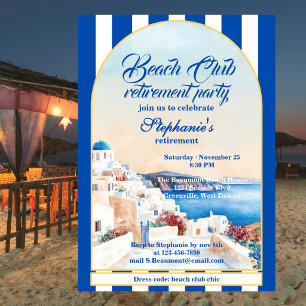 Chic Coastal Stripe Greece Beach Club Retirement  Invitation