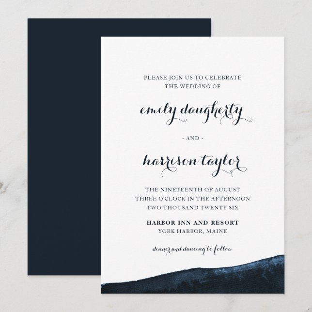 Chic Coastal Wedding Elegant Blue and White Invitation (Front/Back)