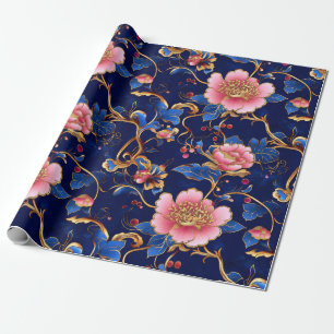 Chic cobalt blue pink floral pattern wrapping paper