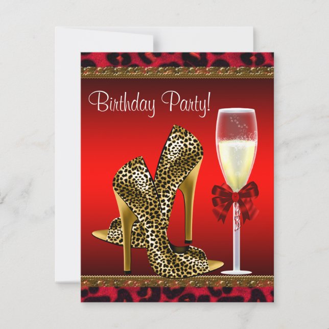 Chic Cocktail High Heel Shoes Red Leopard Birthday Invitation (Front)