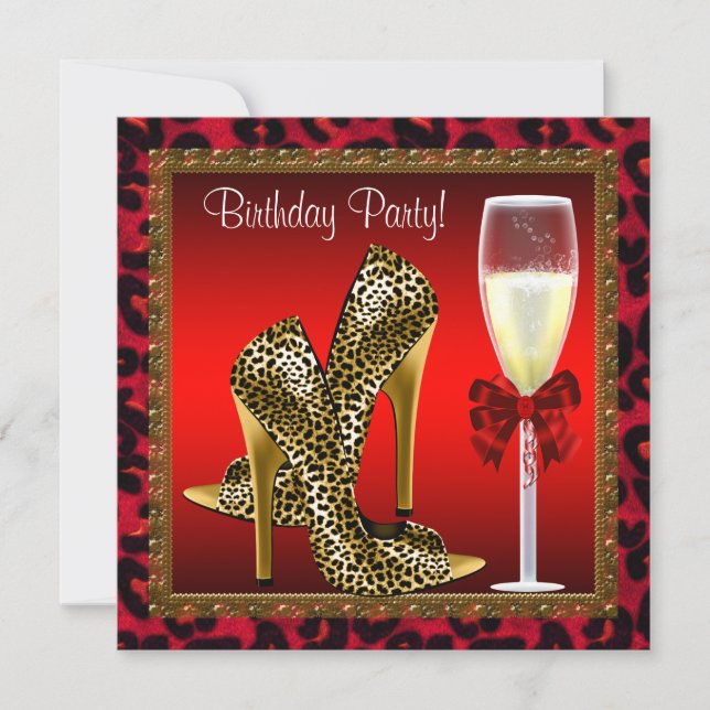 Chic Cocktail High Heel Shoes Red Leopard Birthday Invitation (Front)