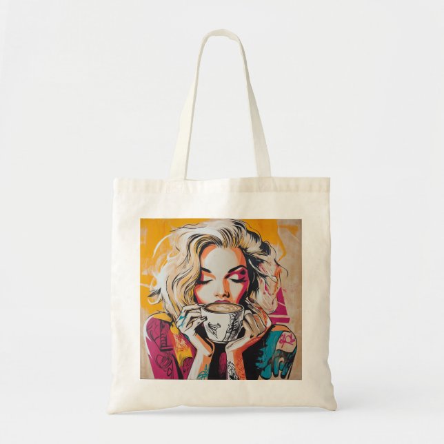 Chic Coffee Lover Tote - Trendy Woman with Coffee (Front)