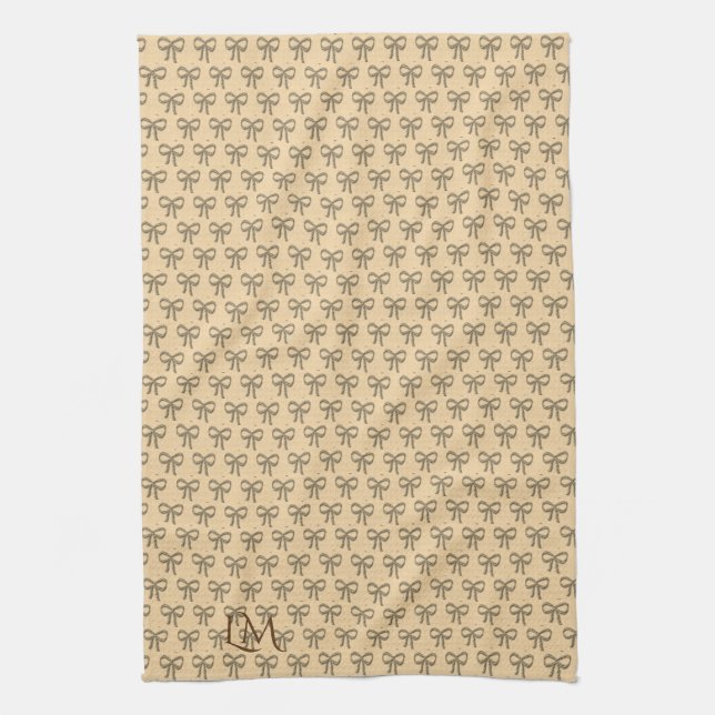 Chic Cold Bow Pattern Cream Beige Tea Towel (Vertical)