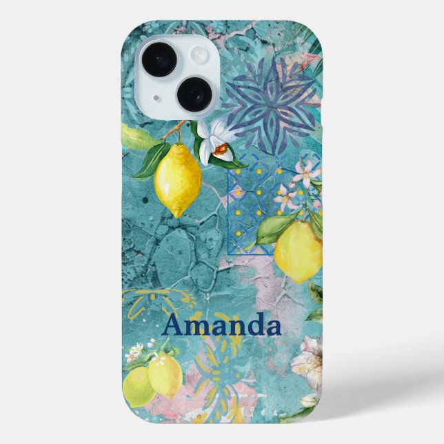 Chic collage blue turquoise sicilian citrus floral Case-Mate iPhone case (Back)