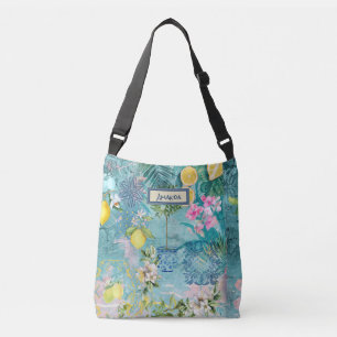 Chic collage blue turquoise sicilian citrus floral crossbody bag