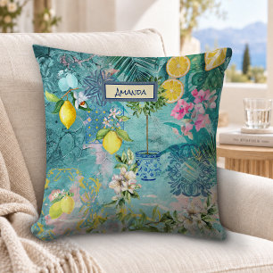 Chic collage blue turquoise sicilian citrus floral cushion