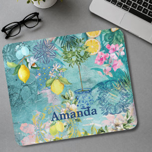 Chic collage blue turquoise sicilian citrus floral mouse mat