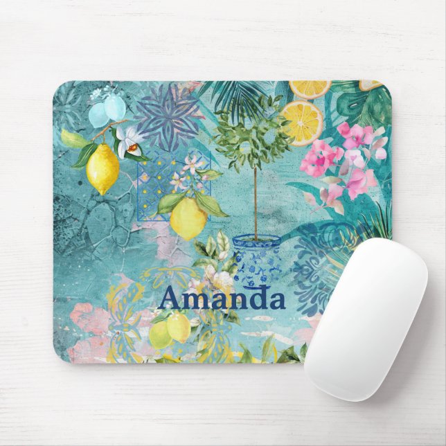 Chic collage blue turquoise sicilian citrus floral mouse mat (With Mouse)
