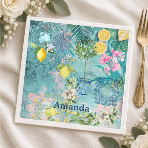 Chic collage blue turquoise sicilian citrus floral napkin