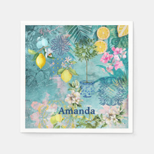 Chic collage blue turquoise sicilian citrus floral napkin