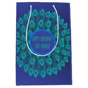 CHIC COLORFUL BLUE TEAL PEACOCK FEATHERS CUSTOM MEDIUM GIFT BAG