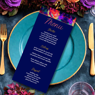 Chic colorful bright flowers wedding menu