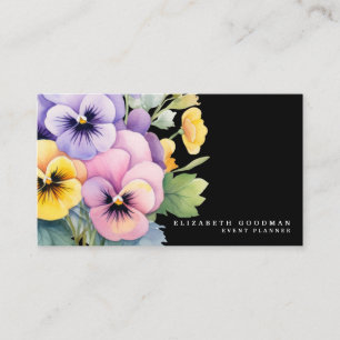 Chic Colorful Spring Pansies Black Business Cards