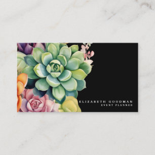 Chic Colorful Succulents Black Business Cards